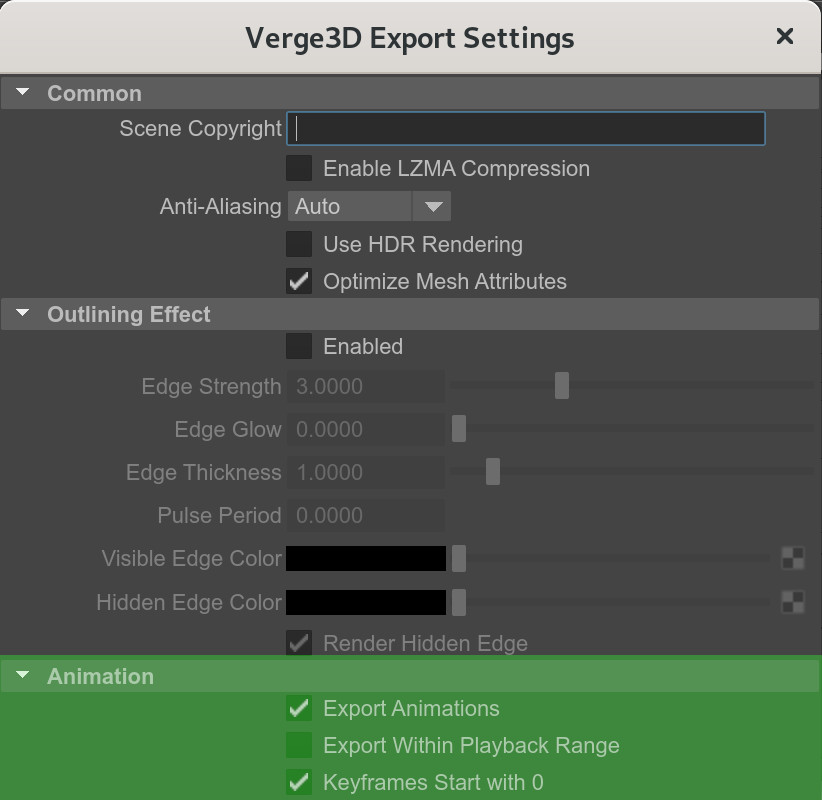 Verge3D for Maya animation settings panel