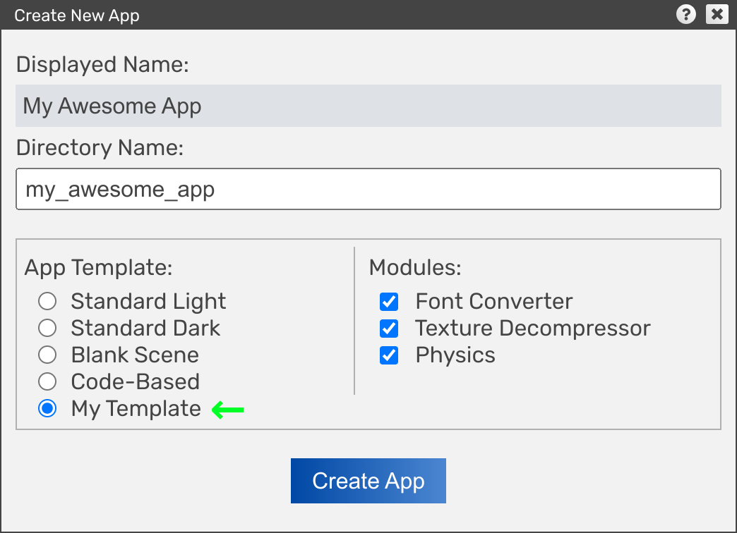 New template on app creation dialog