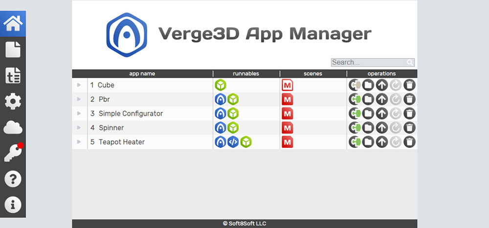 Verge3D应用管理器主界面