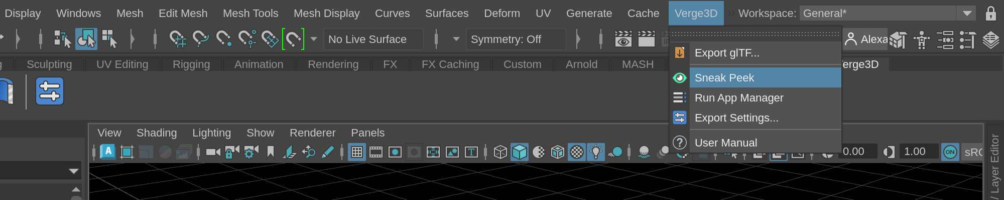 Sneak Peek menu in Maya