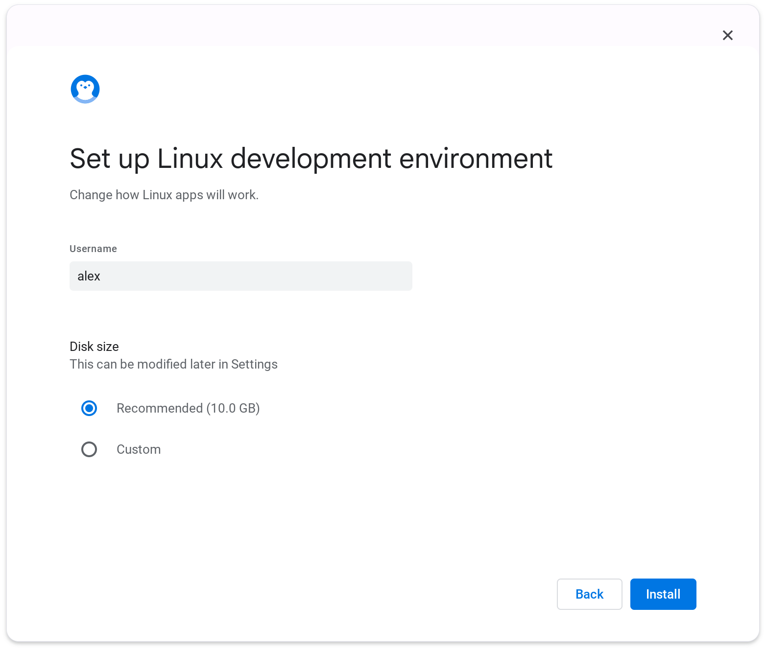 Choosing user name and size for Linux developer environenment