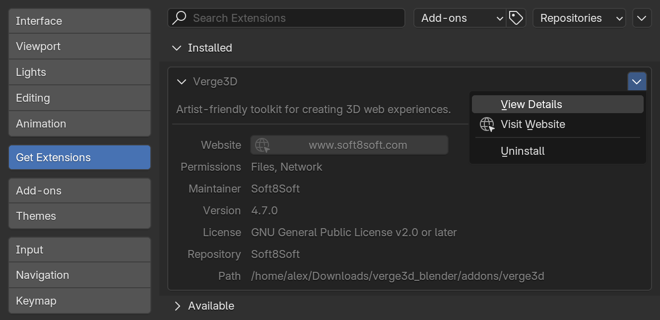 View extension details in Blender