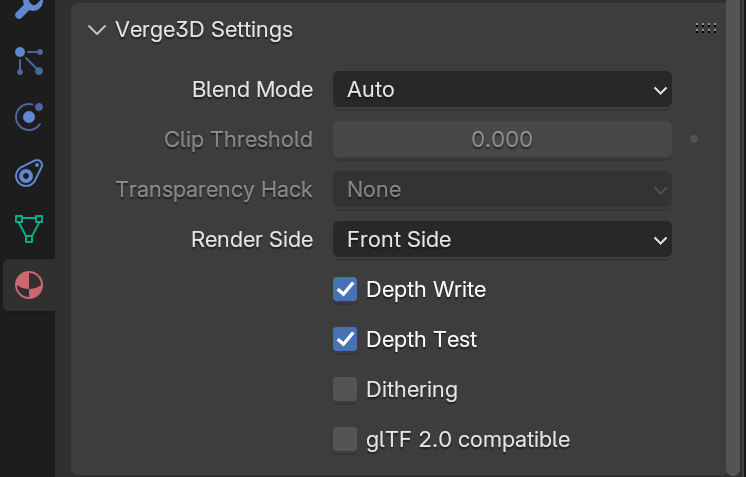 Verge3D material settings panel