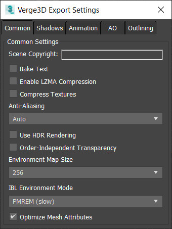 Common rendering settings window
