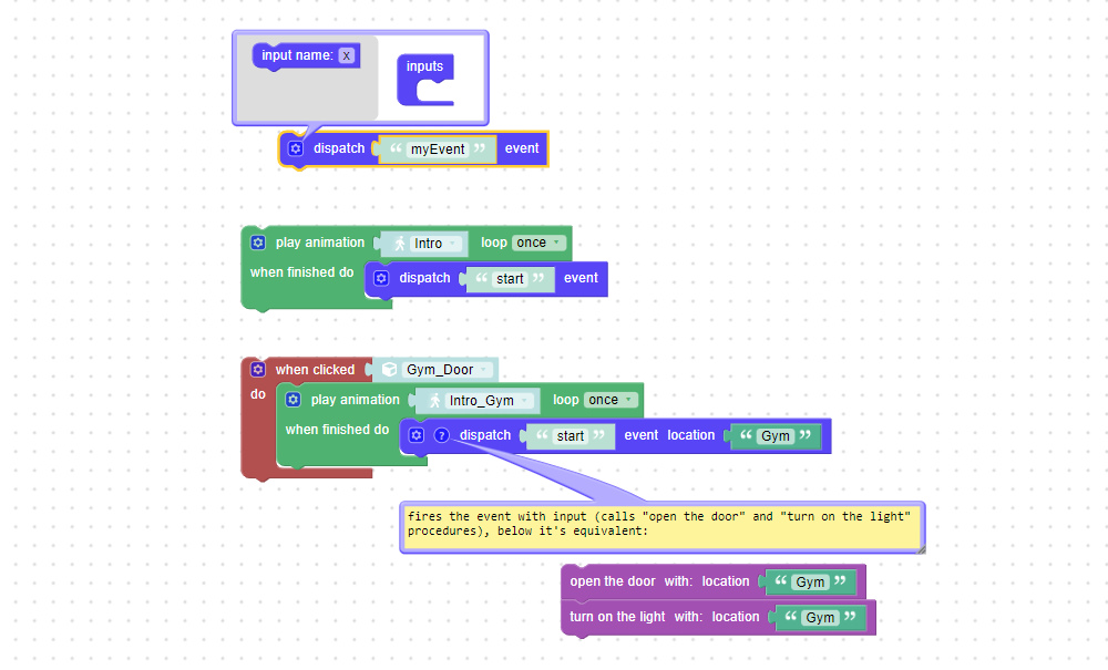 Visual programming block to dispatch events