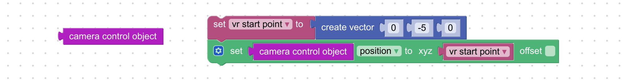 Visual block to retrieve camera control object in AR/VR mode