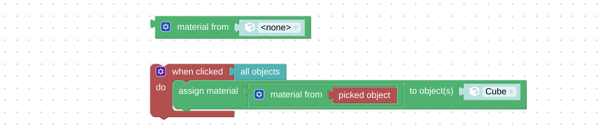 Visual programming block to get object material