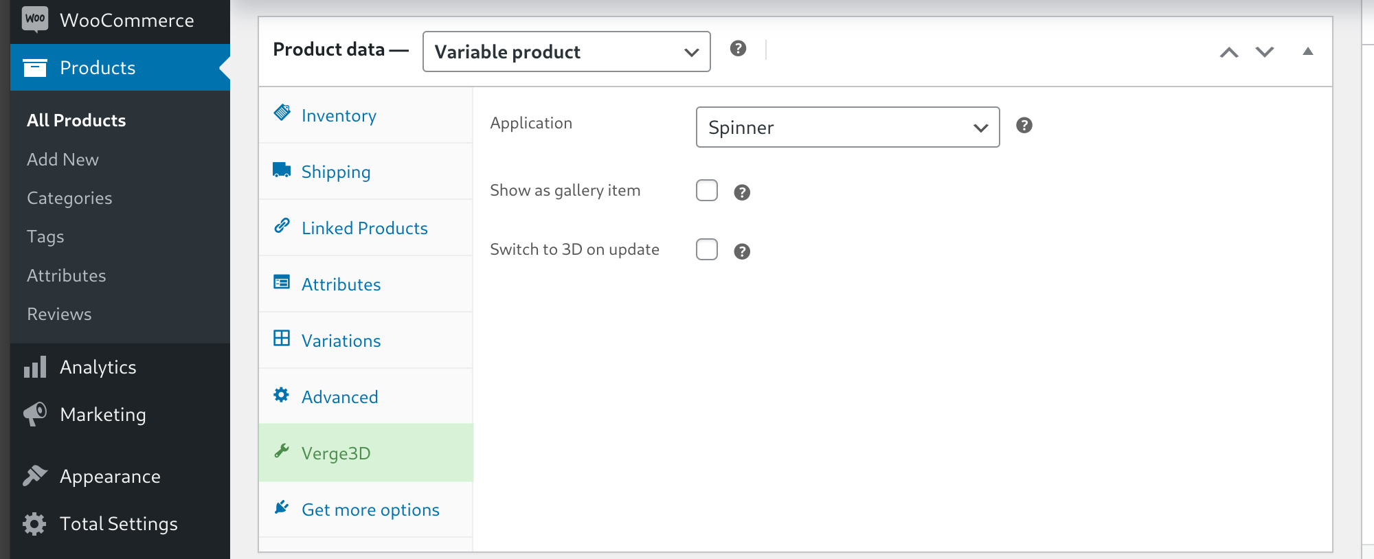 Verge3D settings for WooCommerce product