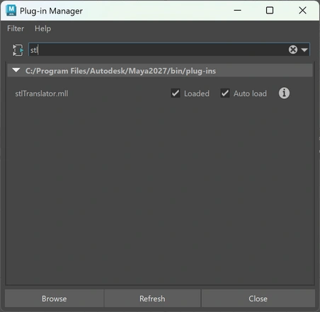Enabling STL translator in Maya's Plug-in Manager