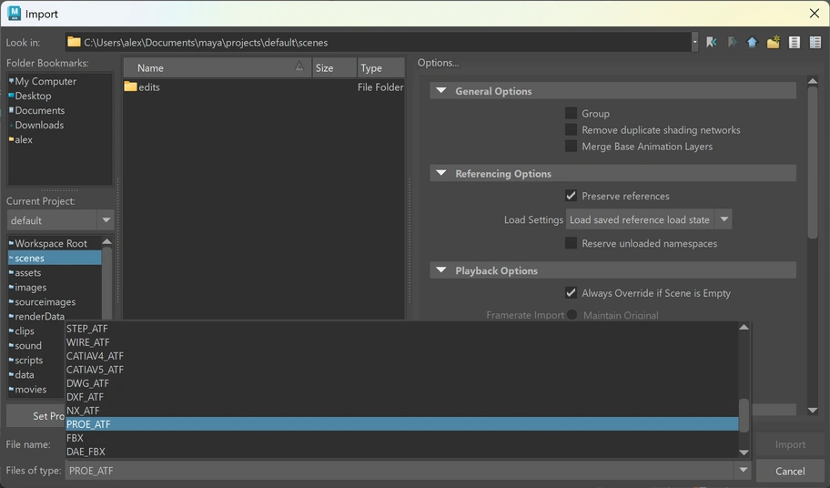 Importing PTC Creo files in Maya